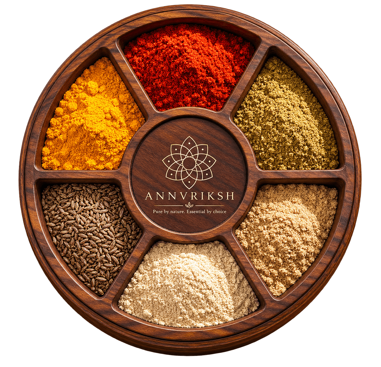 An ANNVRIKSH organic spice sampler — turmeric, chilli, coriander, cumin, and more, arranged in a wooden wheel